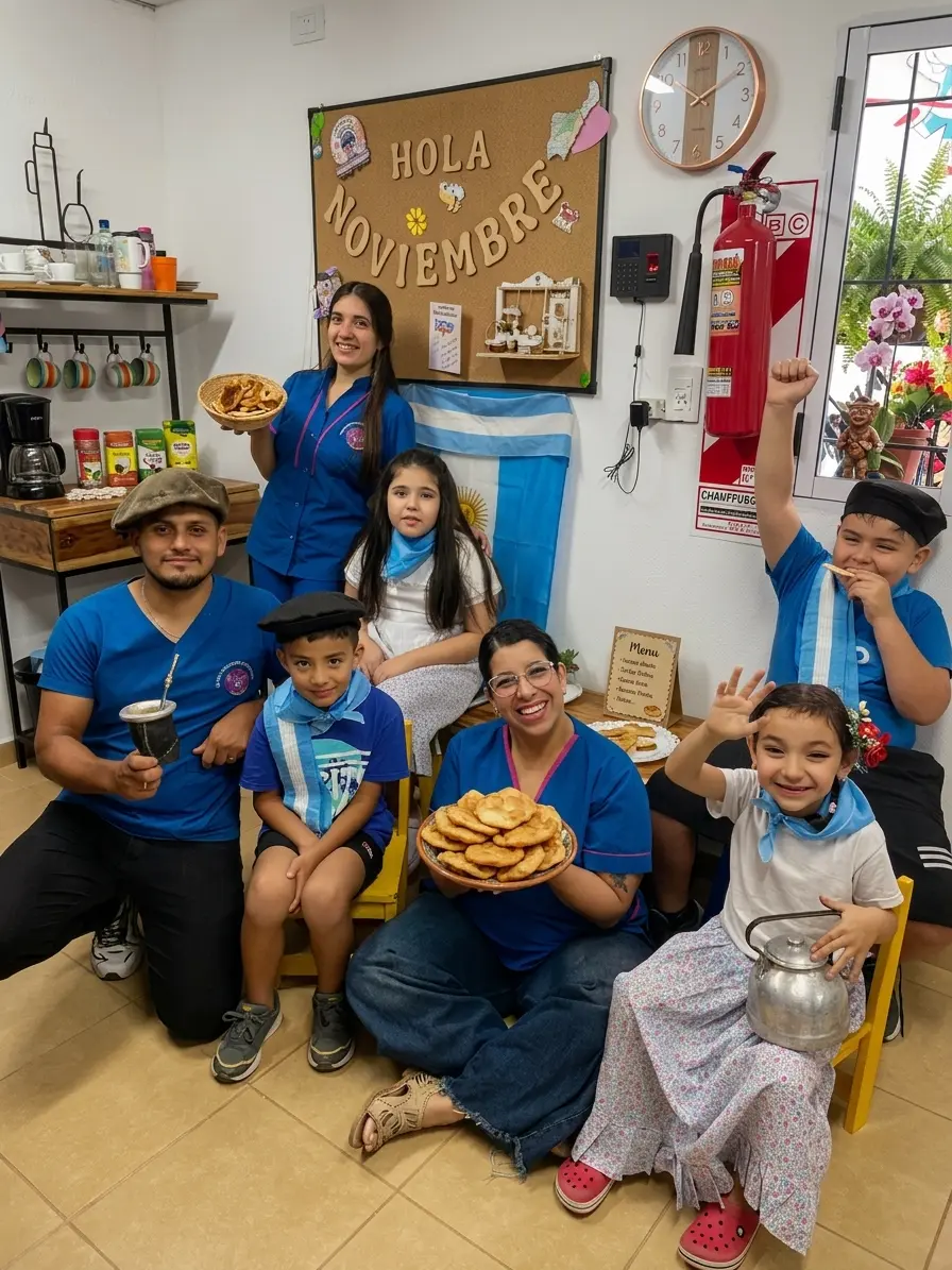 Familias compartiendo mate y tortas fritas en el Día de la Tradición
